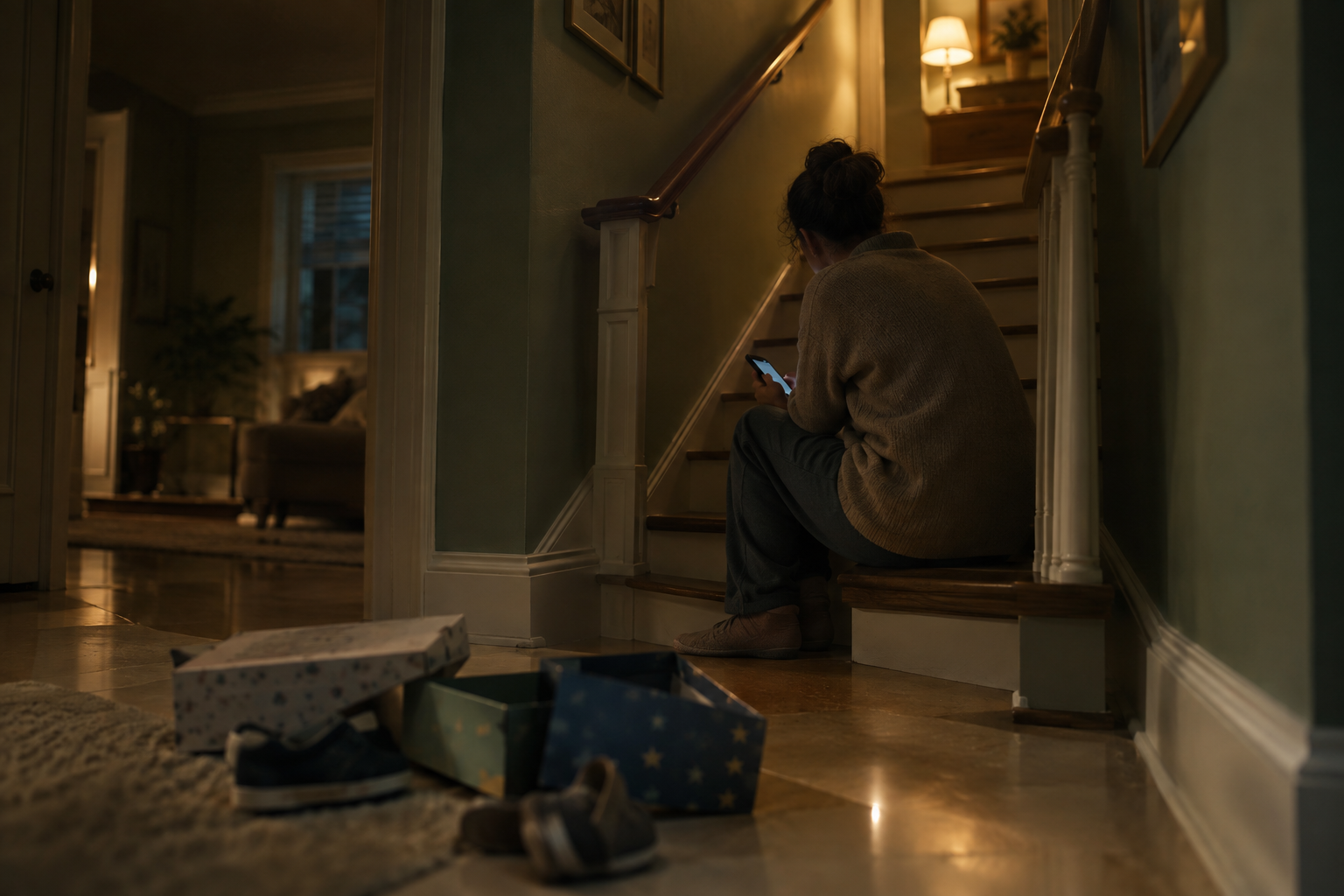 "A tired parent sitting on dim stairs at night, phone glowing in their hand, toy boxes scattered on the floor."