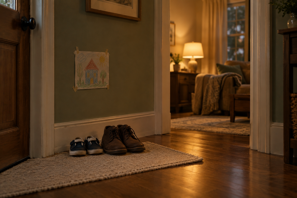 : "A child's shoes and an adult's shoes lined up side by side by the front door under warm lamplight."