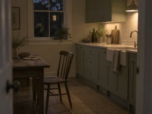 A kitchen at night with one lamp on and a chair pushed back from the table.