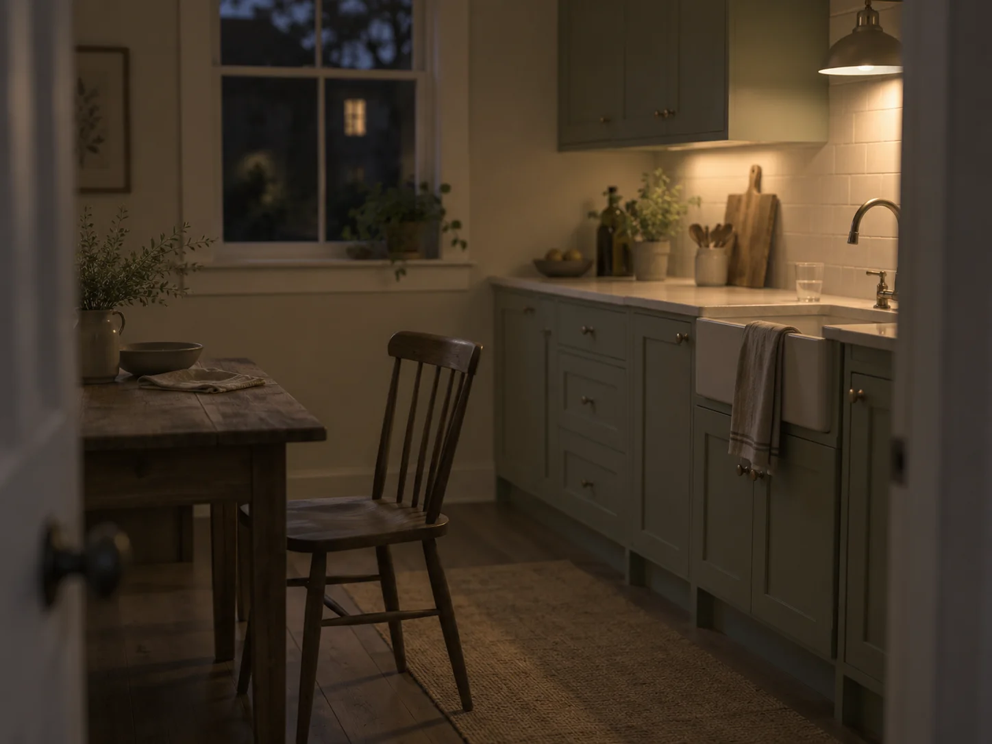A kitchen at night with one lamp on and a chair pushed back from the table.