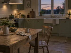 An empty kitchen at dusk with one chair pushed back from the table.