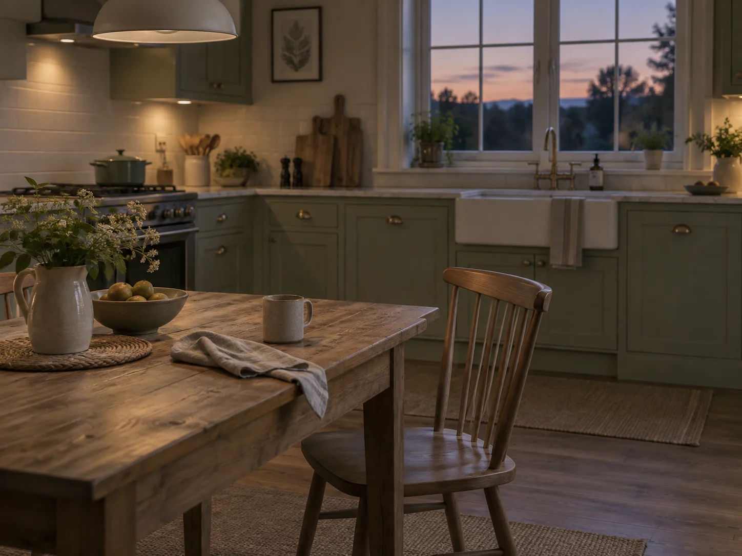 An empty kitchen at dusk with one chair pushed back from the table.