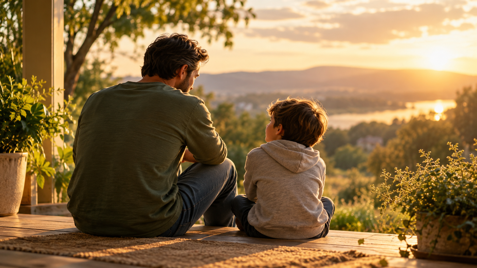 “Father and young son talking together at sunset, encouraging confidence, emotional strength, and open communication about feelings.”