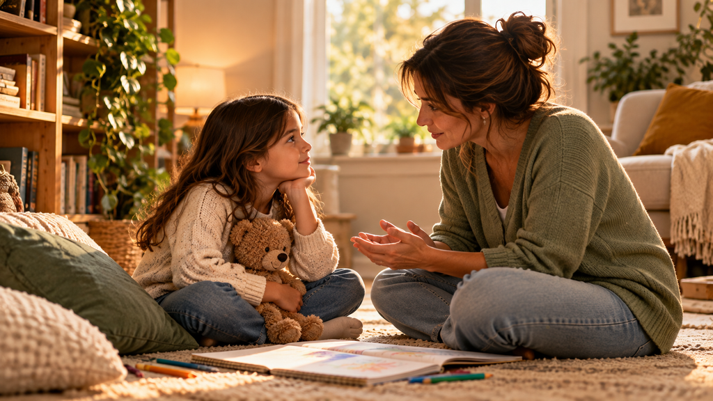 “Mother and daughter having an open conversation about feelings at home, helping build emotional strength, confidence, and healthy communication.”