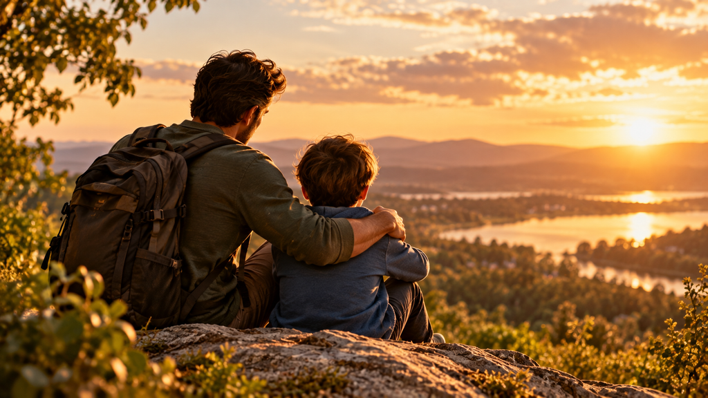 “Father embracing his son at sunset, symbolizing a strong parent-child bond, emotional security, confidence, and healthy communication about feelings.”