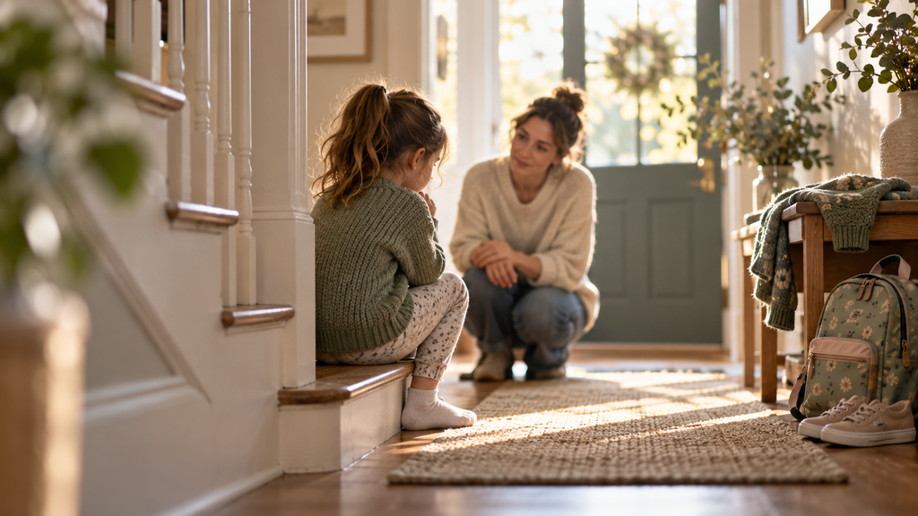 An anxious child sitting on the stairs before school while a parent kneels nearby offering calm support and reassurance.