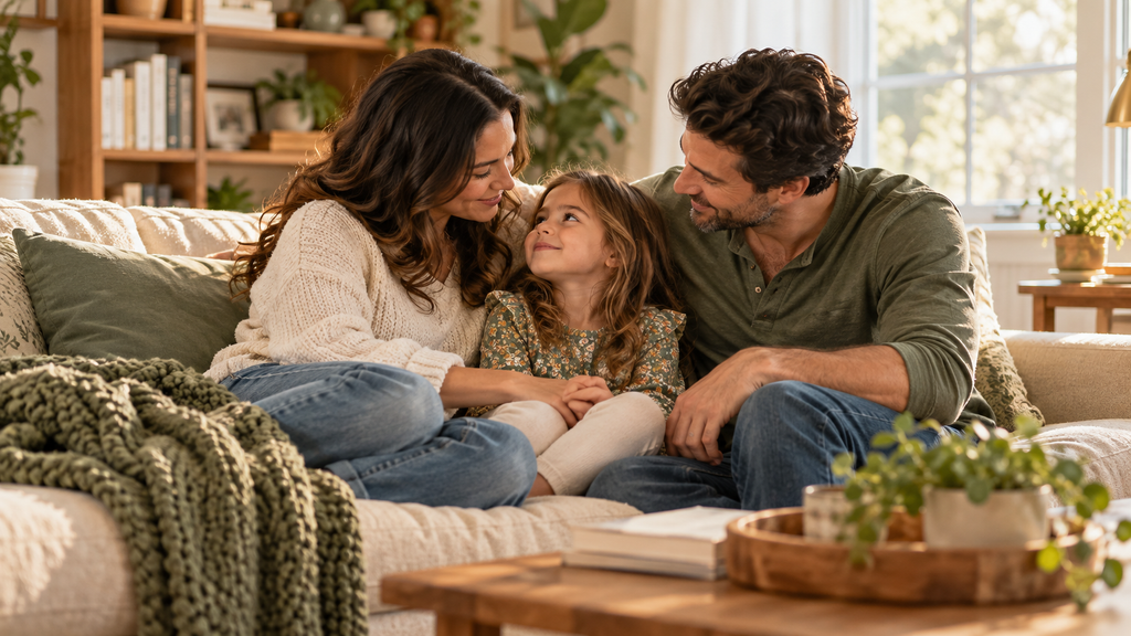 Parents sitting with their young child in a cozy living room, offering calm support and emotional reassurance