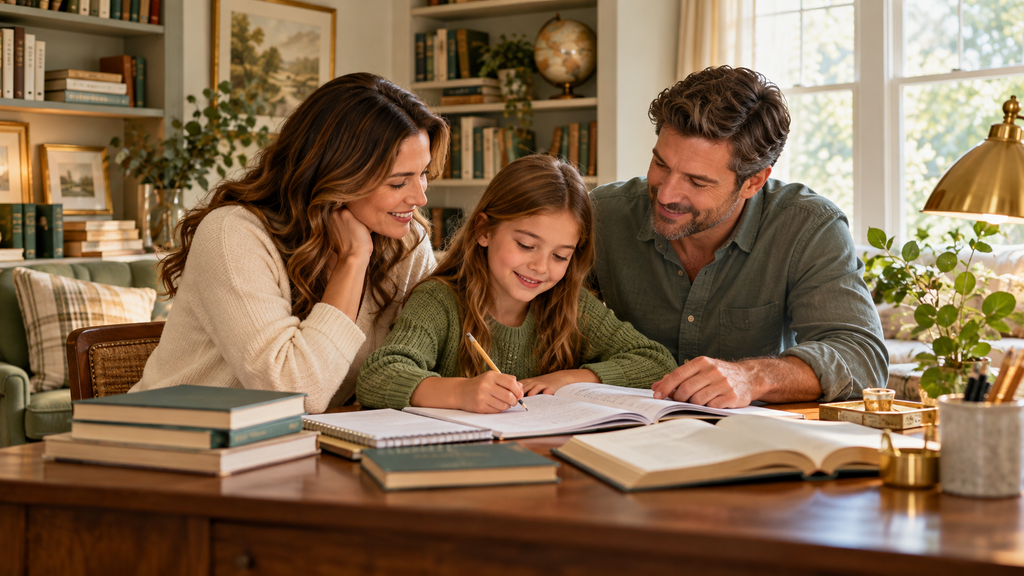 Parents helping their child with homework in a warm home study room, creating a calm and supportive learning environment.