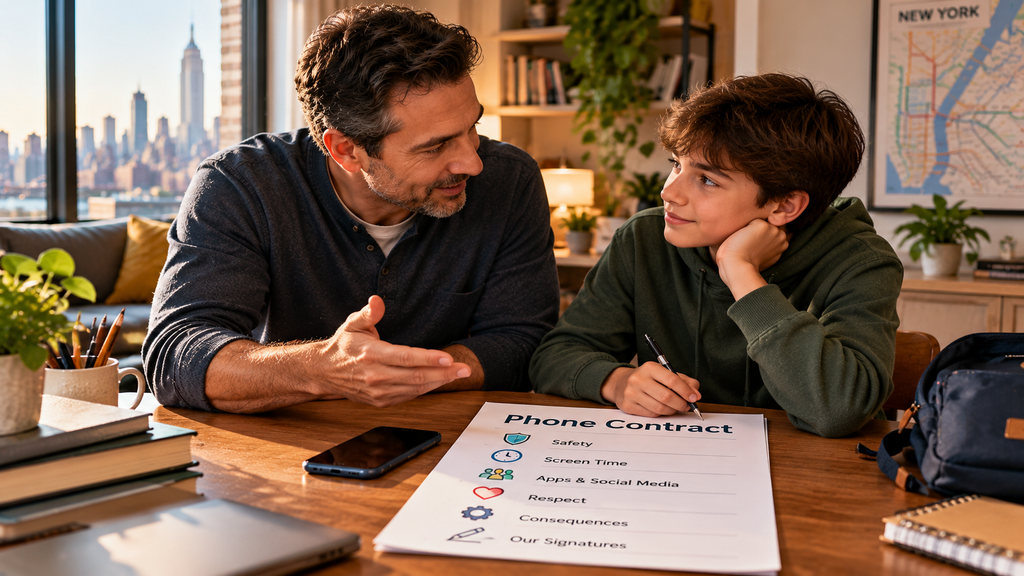Father and teenage son discussing a cell phone contract at a table, setting screen time, online safety, social media, and smartphone rules together