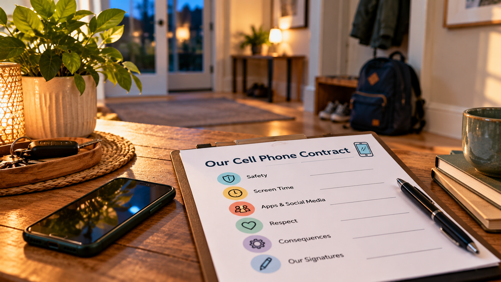Printable cell phone contract for kids beside a smartphone on a family table, showing rules for safety, screen time, social media, respect, and consequences.