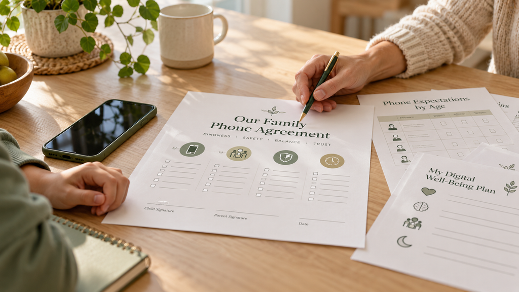 Parent and child reviewing a printable family phone agreement beside a smartphone at a kitchen table, with worksheets for phone rules, digital safety, screen time, and healthy technology use.