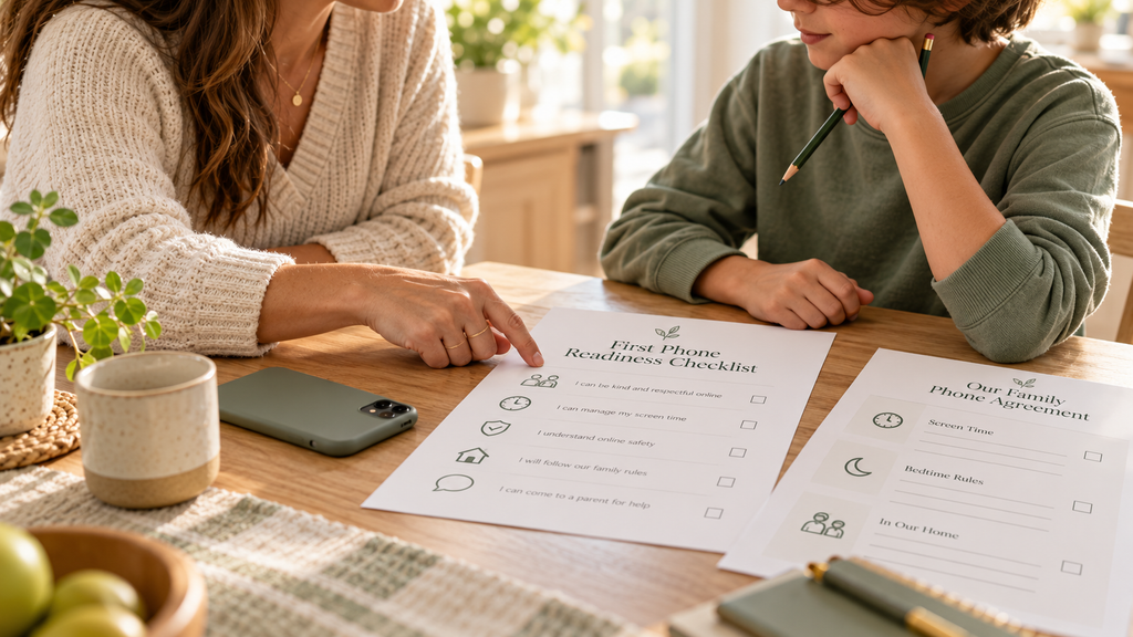 Parent and child reviewing a printable family phone agreement beside a smartphone at a kitchen table, with worksheets for phone rules, digital safety, screen time, and healthy technology use.