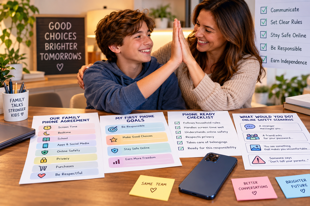 Mother and teenage son high-fiving after reviewing a family phone agreement, first-phone readiness checklist, online safety scenarios, and responsible smartphone rules at a kitchen table